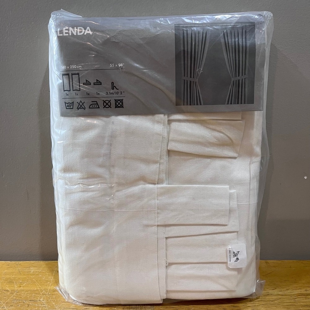 IKEA Lenda White Cotton Curtain Pair with Tiebacks 55x98 Tab Top Minimalist New